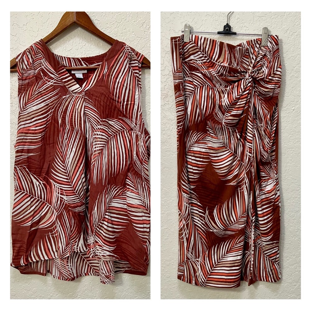 Liz Claiborne Mahogany Palm Leaf 2 Piece Set Top L‎ Skirt M Tropical V-Neck Midi